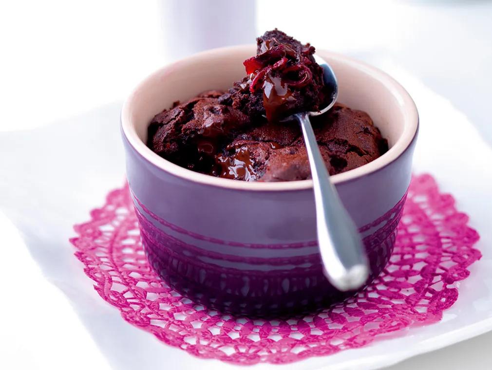 Dark Chocolate and Beetroot Brownie Puddings with Cassis Cream