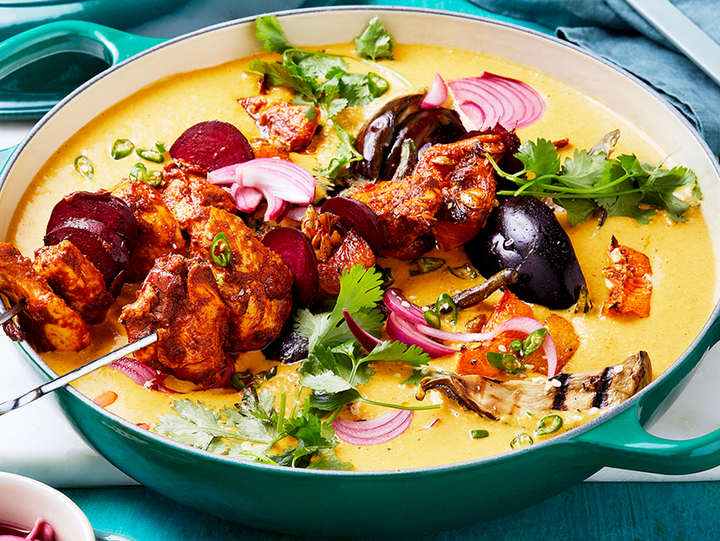 Tandoori-Style  Chicken  Skewers  with  Tikka  Masala  Curry