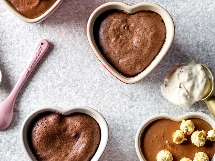 Heart-Shaped Chocolate Lava Cakes with Nougat Ice-Cream