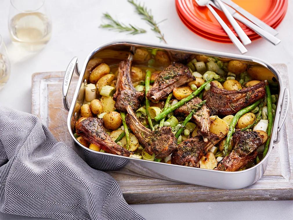 Spring Vegetable and Lamb Tray Bake