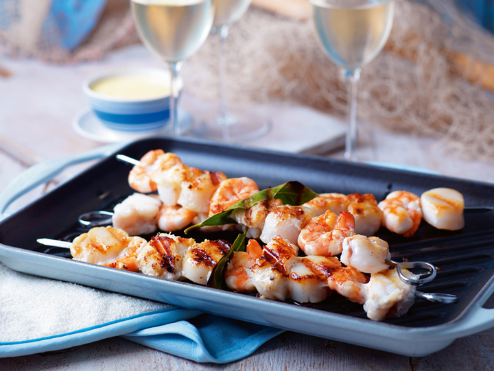 Seafood Brochettes with White Wine Hollandaise