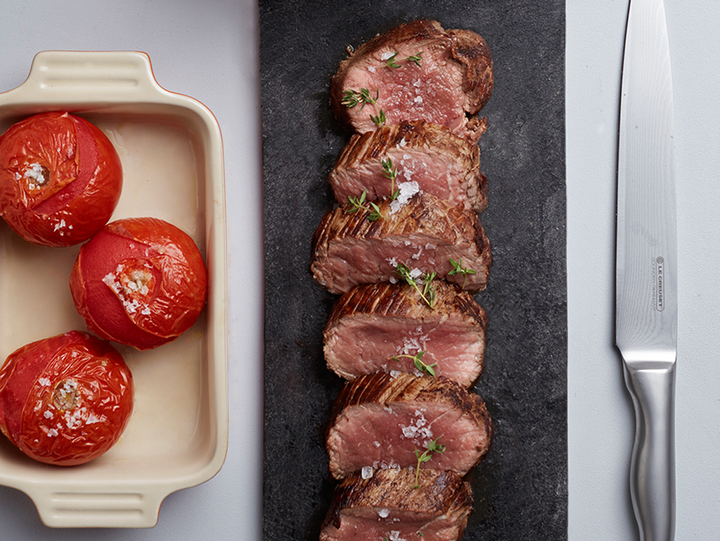 Seared Beef Fillet with Red Wine Jus and Roasted Tomatoes