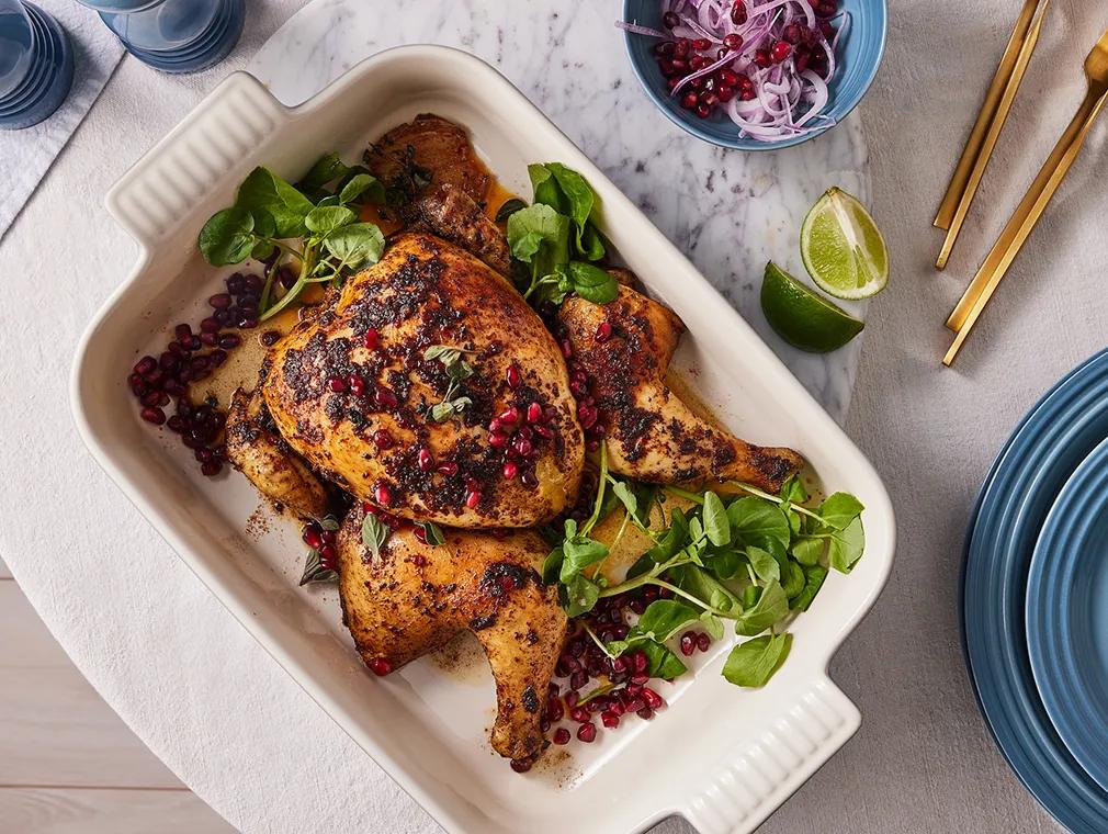 Roast Harissa and Pomegranate Spatchcock Chicken