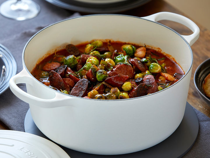 Charred Sprouts and Chorizo Stew with Chestnuts and Dates 