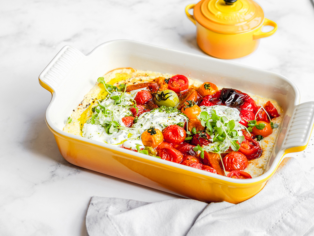 Creamy Polenta with Roasted Tomatoes and Pesto Coconut Yoghurt