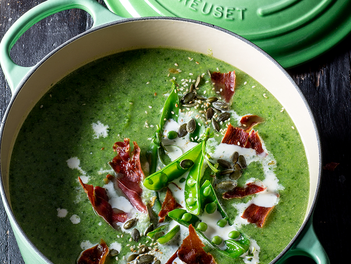 Green Pea and Baby Spinach Soup, Toasted Mixed Seeds and Crispy Serrano Ham Shards
