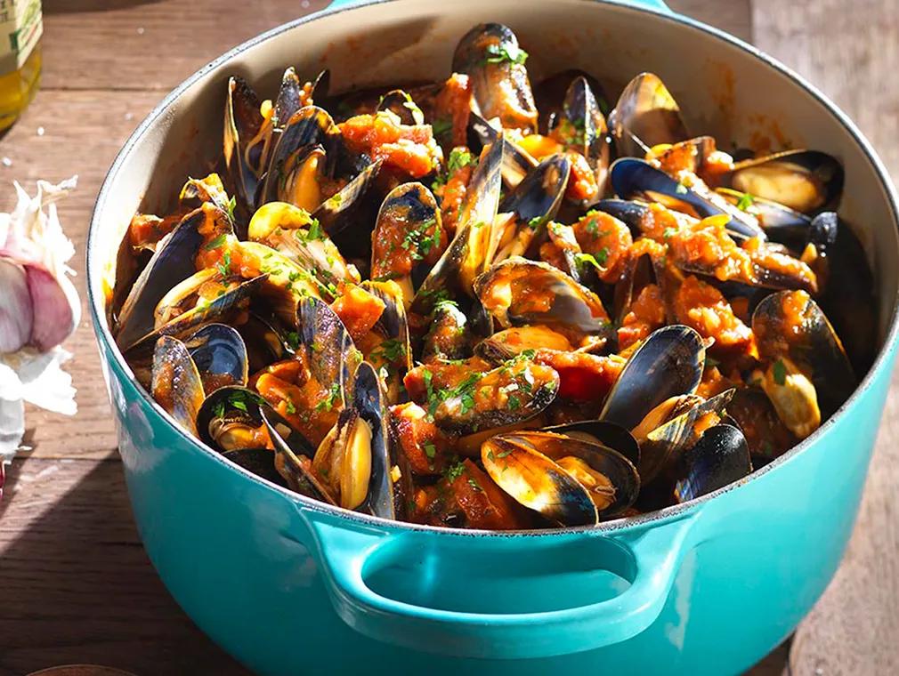 Mussels, Chorizo and Tomato Ragout on Garlic Toast