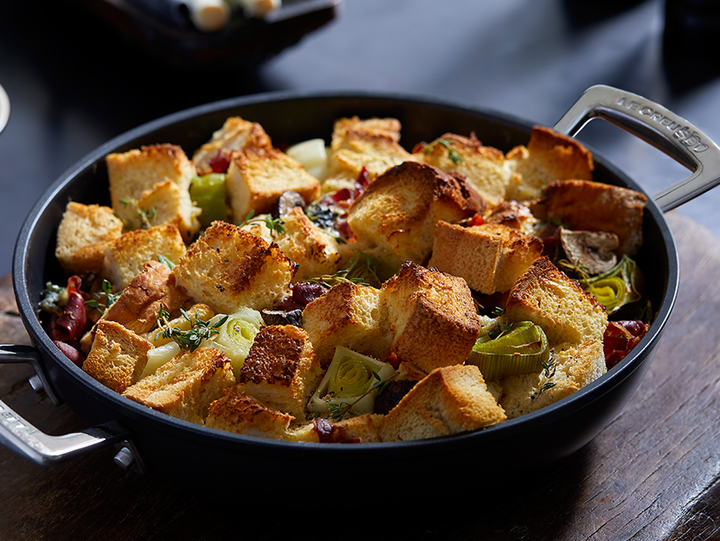 Savoury Bread And Butter Pudding With Blue Cheese Serrano Ham And Leeks