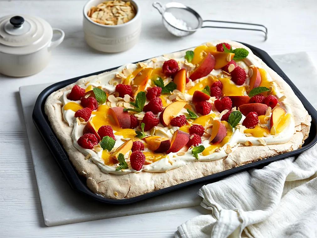 Peach, Raspberry & Almond Pavlova Traybake