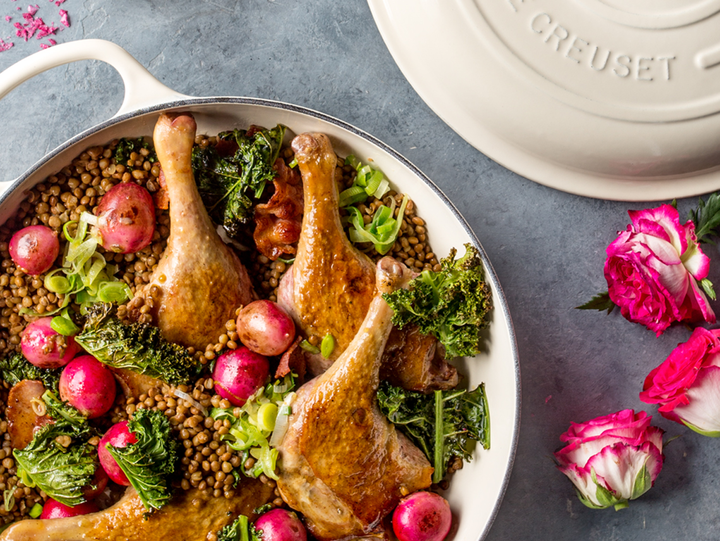 Crispy Duck with Kale, Lentils and Radishes